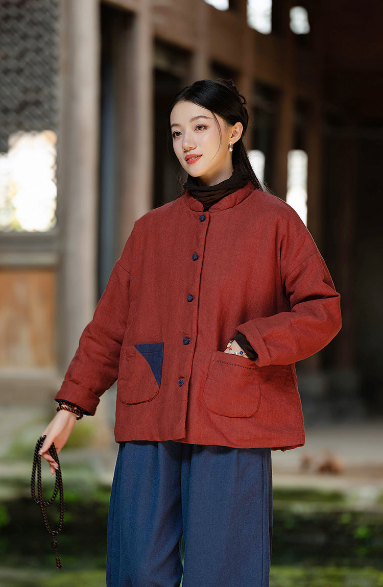 Ramie Linen Cotton Women Quilted Jacket with Pockets & Color-block Buttons in Hanfu Style, Chinese style Hanfu  251123w