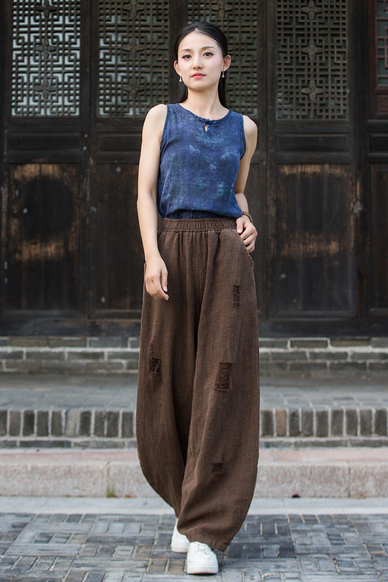 Ramie Linen Cotton Women Pants with Destroyed Look for Tai chi, Linen Wide Leg Pants 250923a