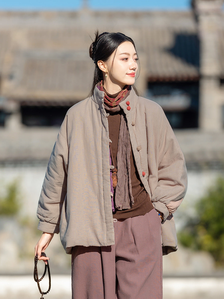 Ramie Linen Cotton Women Quilted Jacket with Pockets & Color-block Buttons in Hanfu Style, Chinese style Hanfu 251121w