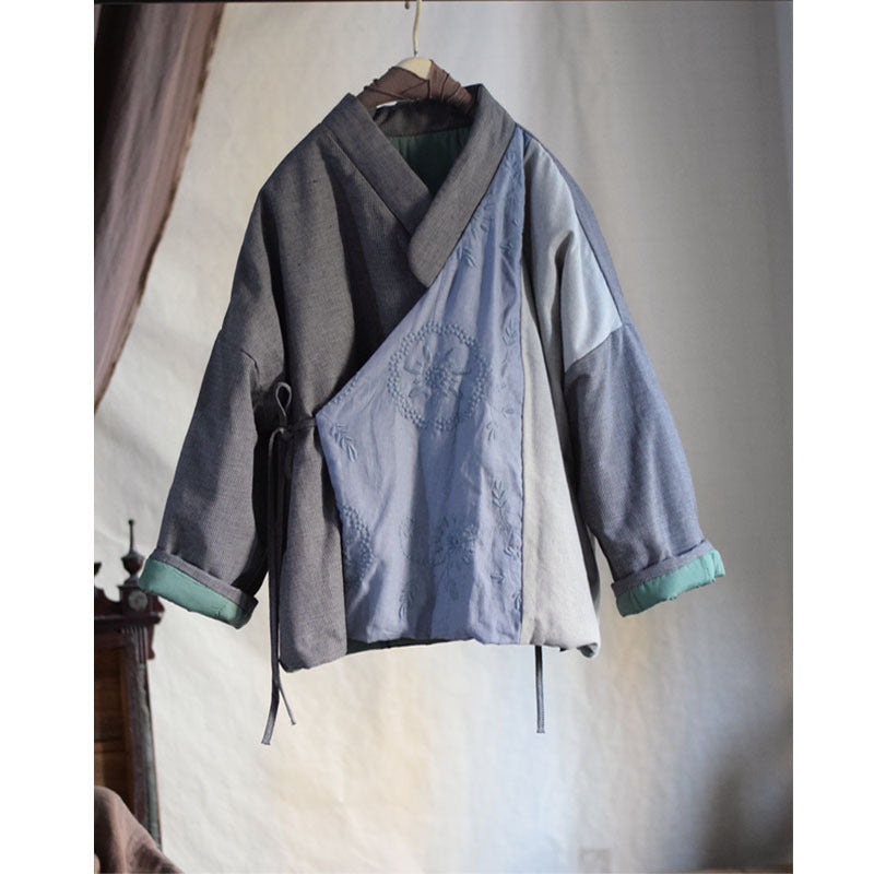 Winter Patchwork Style Linen Women Quilted Jacket with Embroidery in Hanfu Style, Chinese style Hanfu 241115w