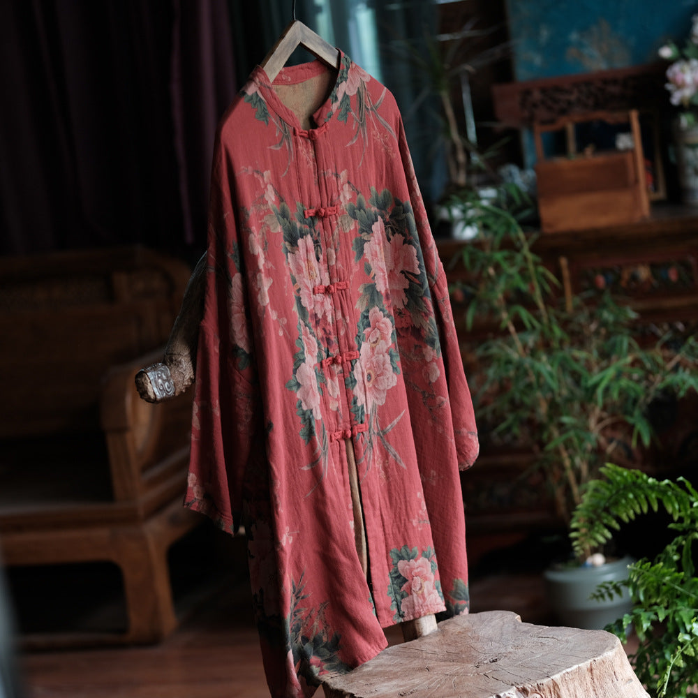 100% Cotton Chinese Women Long Blouse with Traditional Buttons and Vintage Print, linen women Shirt Jacket  250409s 2099