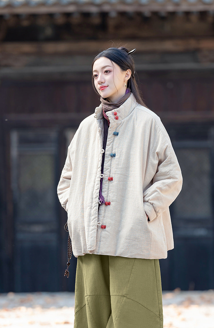 Ramie Linen Cotton Women Quilted Jacket with Pockets & Color-block Buttons in Hanfu Style, Chinese style Hanfu 251121w