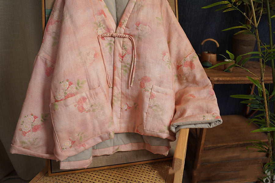 Linen Cotton Women Quilted Chinese Kimono Jacket with Floral Print in Kimono Style 240113w