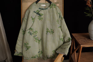 Linen Cotton Women Quilted Chinese Jacket with Vintage Floral Print and Traditional Chinese Buttons 240116w