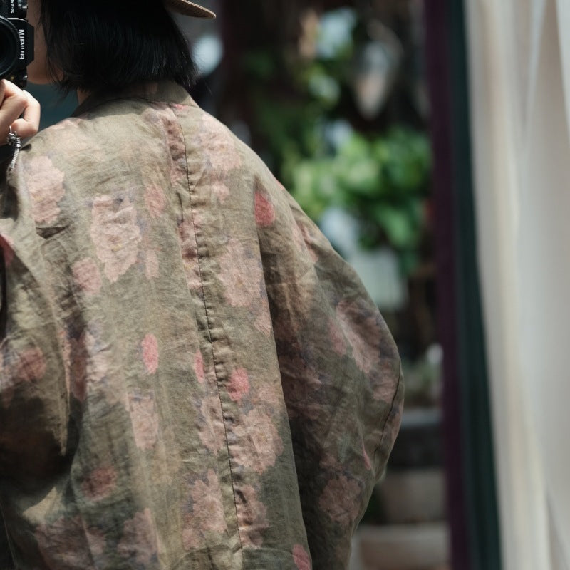 100% Linen Vintage Chinese Women Long Jacket with Floral Print and Traditional Buttons 242104s