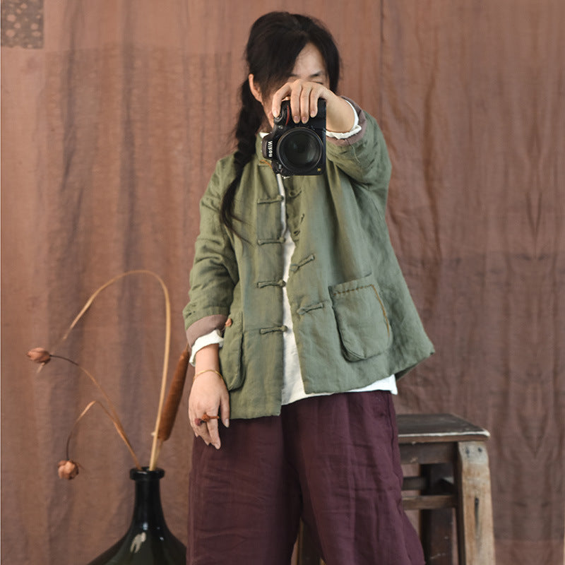 100% Linen Autumn Winter Women Quilted Jacket with Handsewing Details in Hanfu Style 250902a