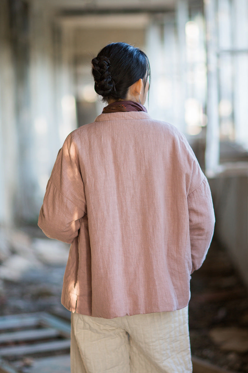 Ramie Cotton Women Quilted Jacket with Pockets & Frog Buttons in Hanfu Style, Chinese style Hanfu 251110w