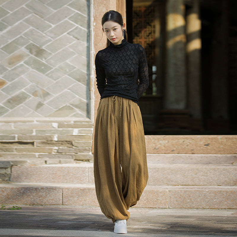 Linen Cotton Culotte Women with Strings, Wide Leg Pants Linen, Flare Trouser Women, Linen Homewear 241004w