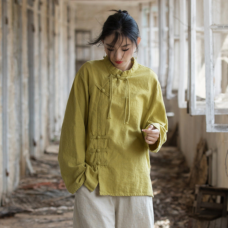 Linen Cotton Women Blouse with Handwoven Buckle Button, chinese style women blouse linen liziqi, Taichi jacket, Tang suit 240607s
