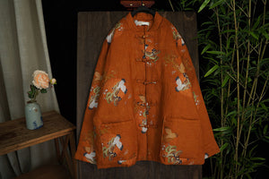Linen Cotton Women Quilted Chinese Jacket with Crane Print and Traditional Chinese Buttons 240109w