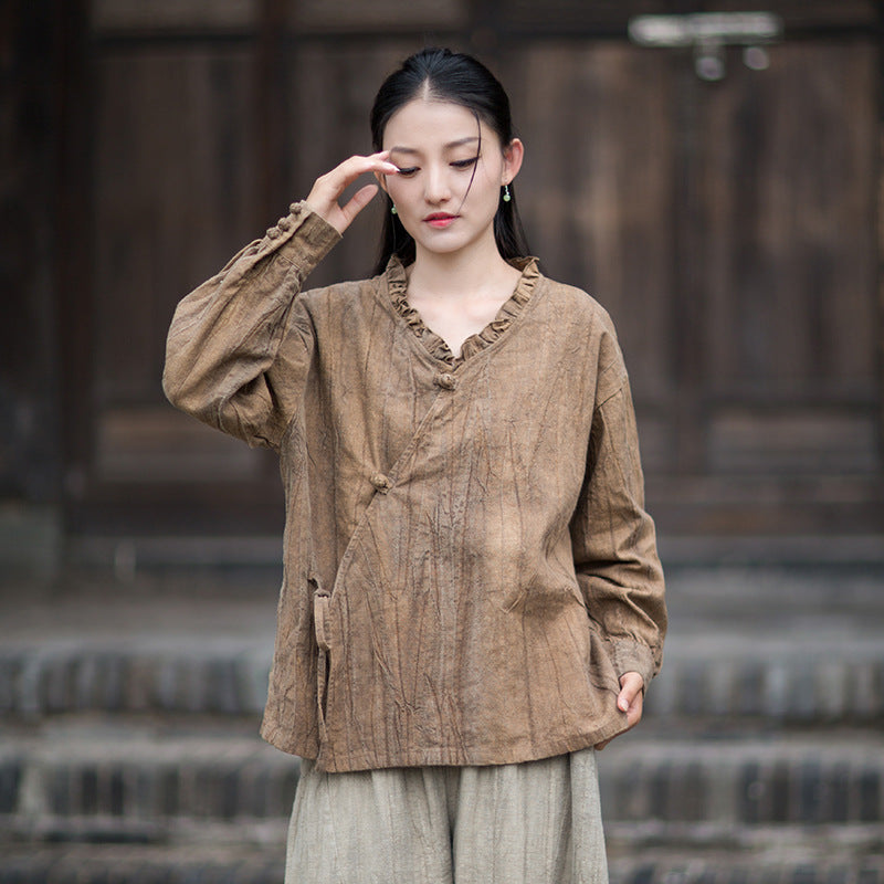 Ramie Linen Women Shirt in Hanfu Style with Ruffled Collar & Diagonal Closure 250922a