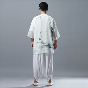 Men Chiffon Irregular Noragi with Chinese Vintage Print, Summer Cardigan 240712s