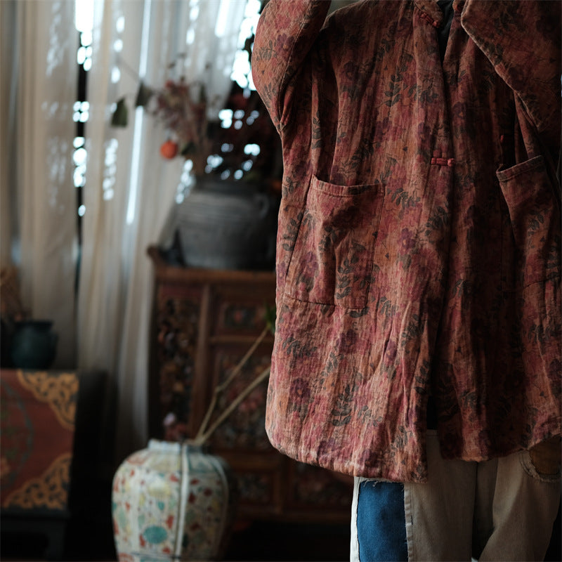 100% Cotton Winter Women Quilted Jacket with Pockets and Vintage Floral Print 250916a 1927