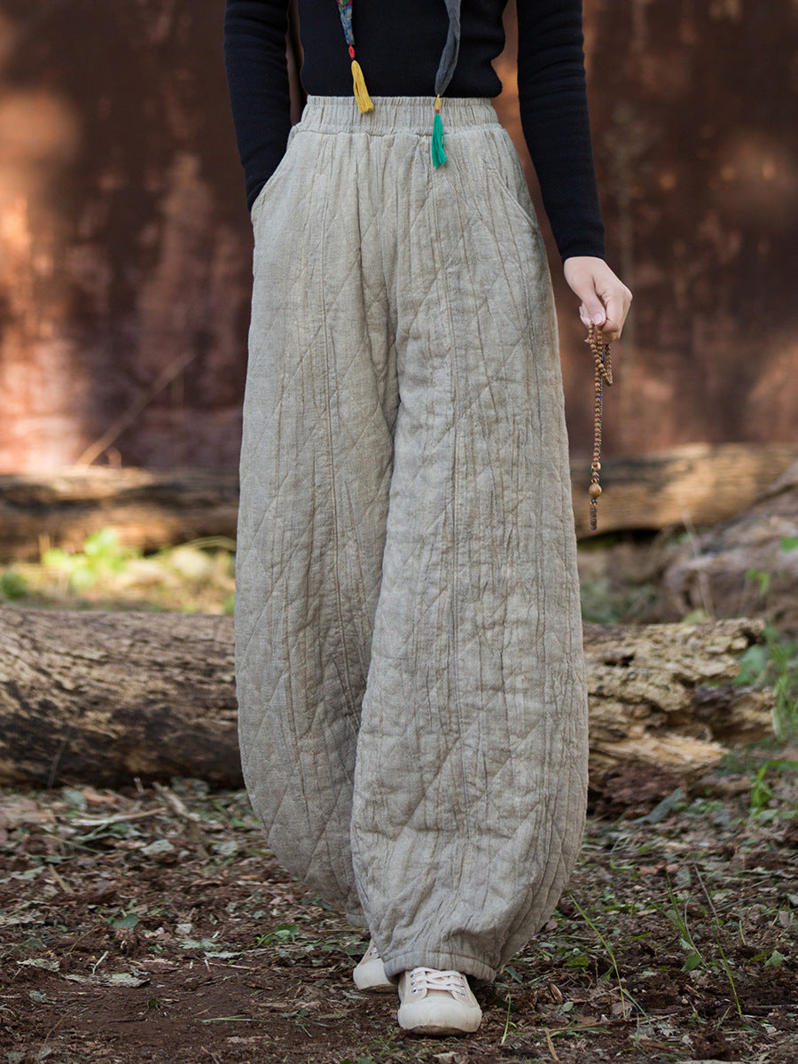 Ramie Linen Cotton Quilted Thick Pants with Pockets, winter women padded pants  251106w