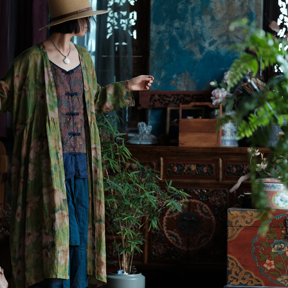 100% Linen Chinese Women Blouse with Vintage Print, linen women open Shirt Jacket 250410s 2193