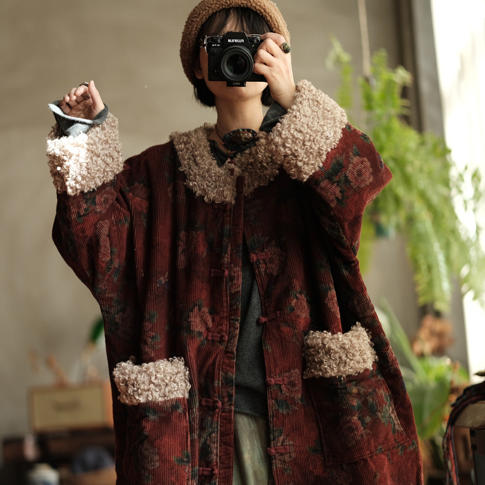 Winter Thick Cord Women Quilted Jacket with Vintage Print in Hanfu Style 250201w