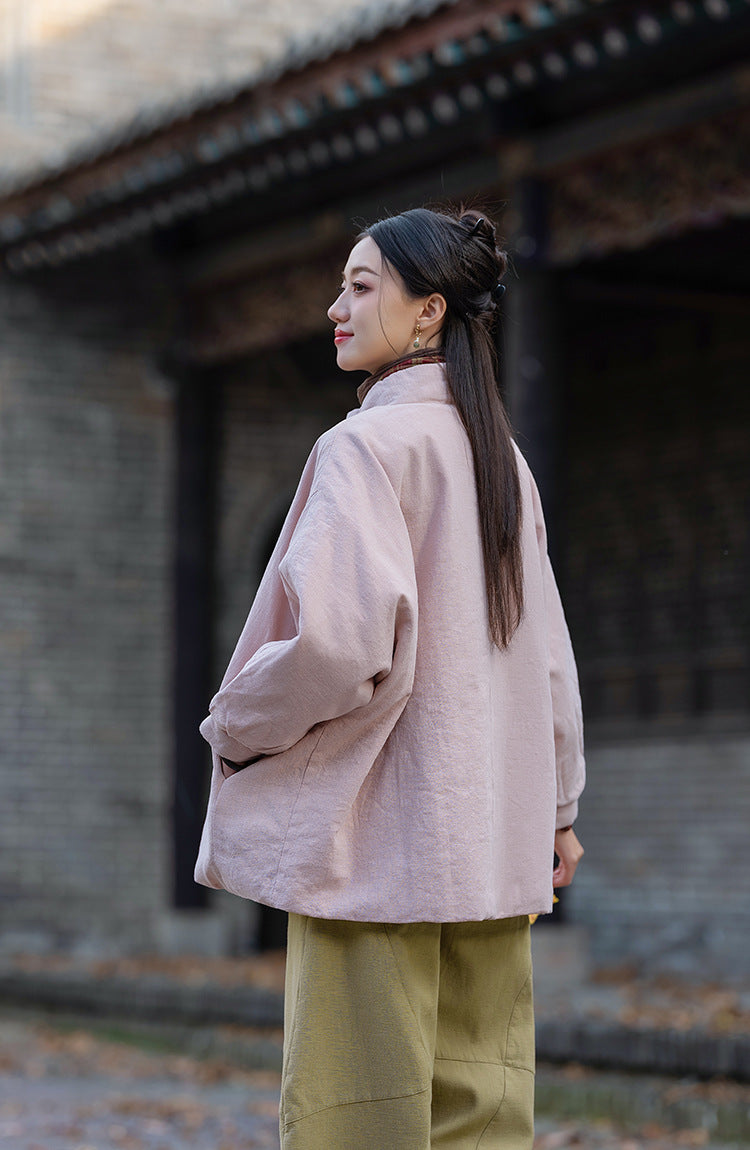 Ramie Linen Cotton Women Quilted Jacket with Pockets & Color-block Buttons in Hanfu Style, Chinese style Hanfu 251121w