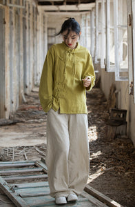 Linen Cotton Women Blouse with Handwoven Buckle Button, chinese style women blouse linen liziqi, Taichi jacket, Tang suit 240607s