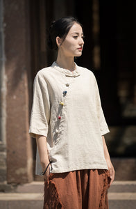 Linen Cotton Women Blouse with Handwoven Buckle Button, chinese style women blouse linen liziqi, Taichi jacket, Tang suit  240721s