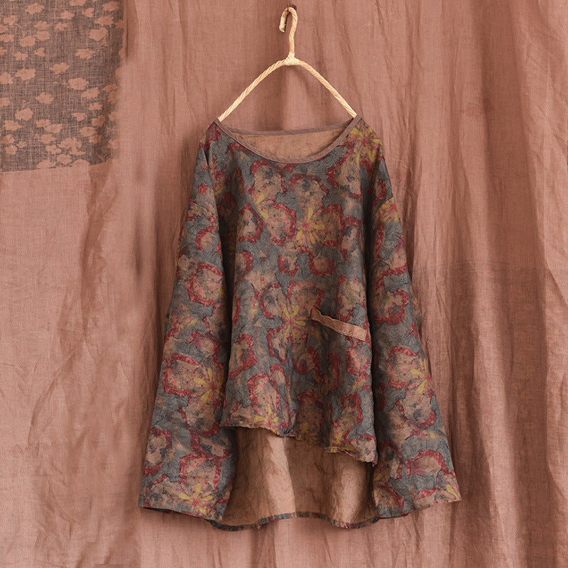100% Linen Asymmetrical Women Shirt with High-low Hem & Vintage Print 250712s
