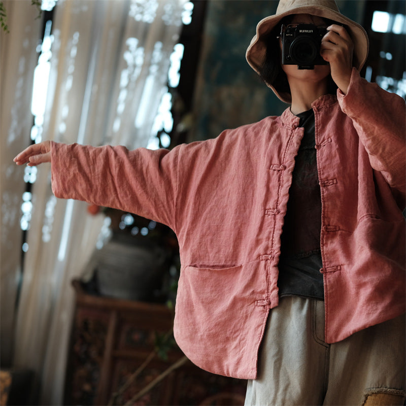 Linen Cotton Women Quilted Chinese Jacket with Pockets and Traditional Buttons 251112w 2127