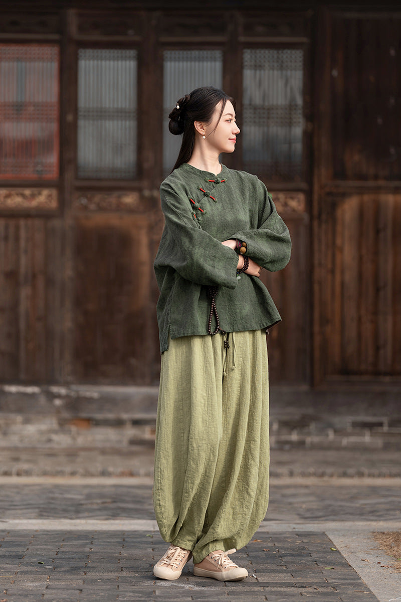Ramie Linen Women Hanfu Pullover with Color-Block Traditional Buttons 250811s