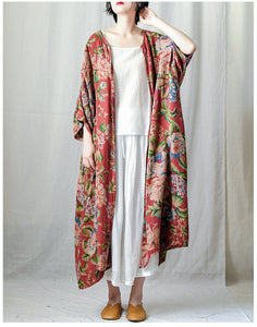 Double Layered Cotton Women Long Coat Jacket with Floral Print 231436a