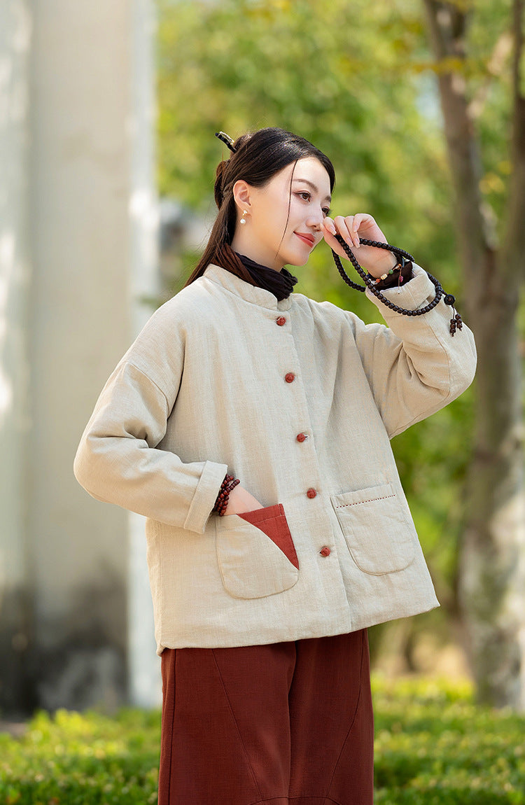 Ramie Linen Cotton Women Quilted Jacket with Pockets & Color-block Buttons in Hanfu Style, Chinese style Hanfu  251123w