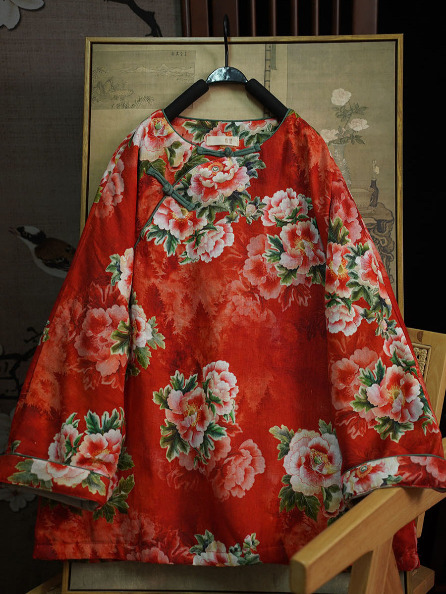 Linen Cotton Winter Women Quilted Jacket in Hanfu Style with Floral Print, Chinese style Hanfu 251024w