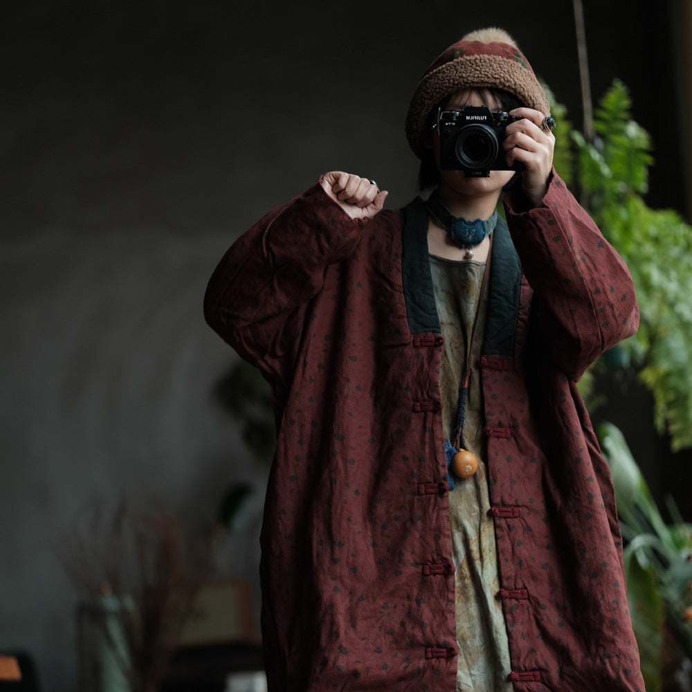 100% Linen Cotton Women Quilted Chinese Coat with Vintage Print 230501w