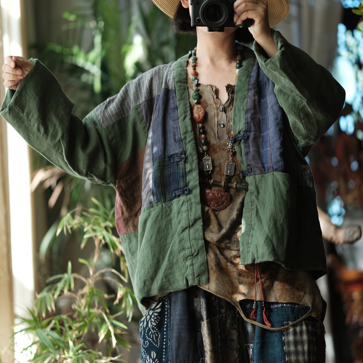 Linen Cotton Women Quilted Chinese Jacket in Patchwork Style with Traditional Buttons 251113w 1788