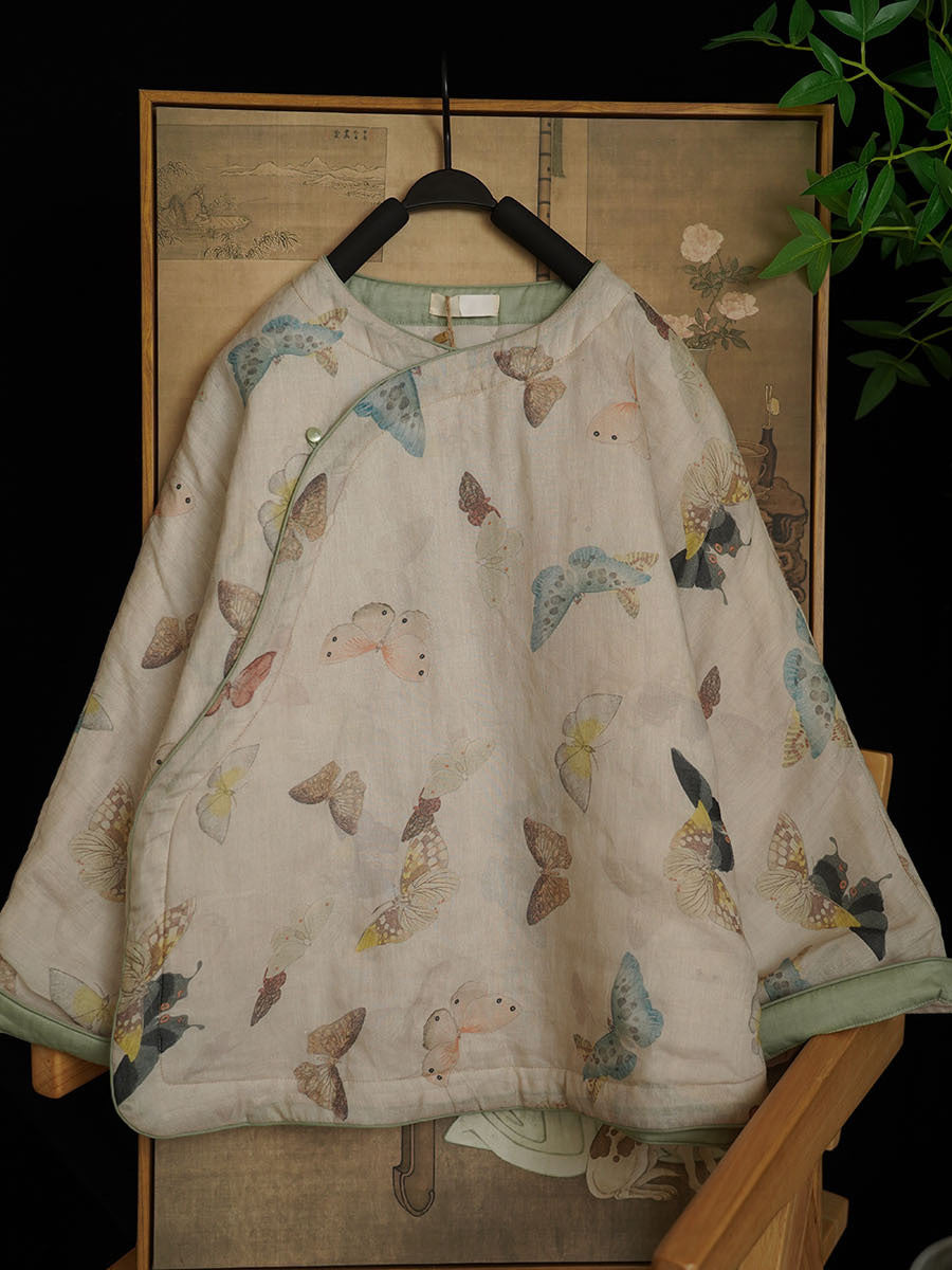 Linen Cotton Women Quilted Chinese Pullover with Vintage Butterfly Print and Traditional Chinese Buttons 251116w 162046