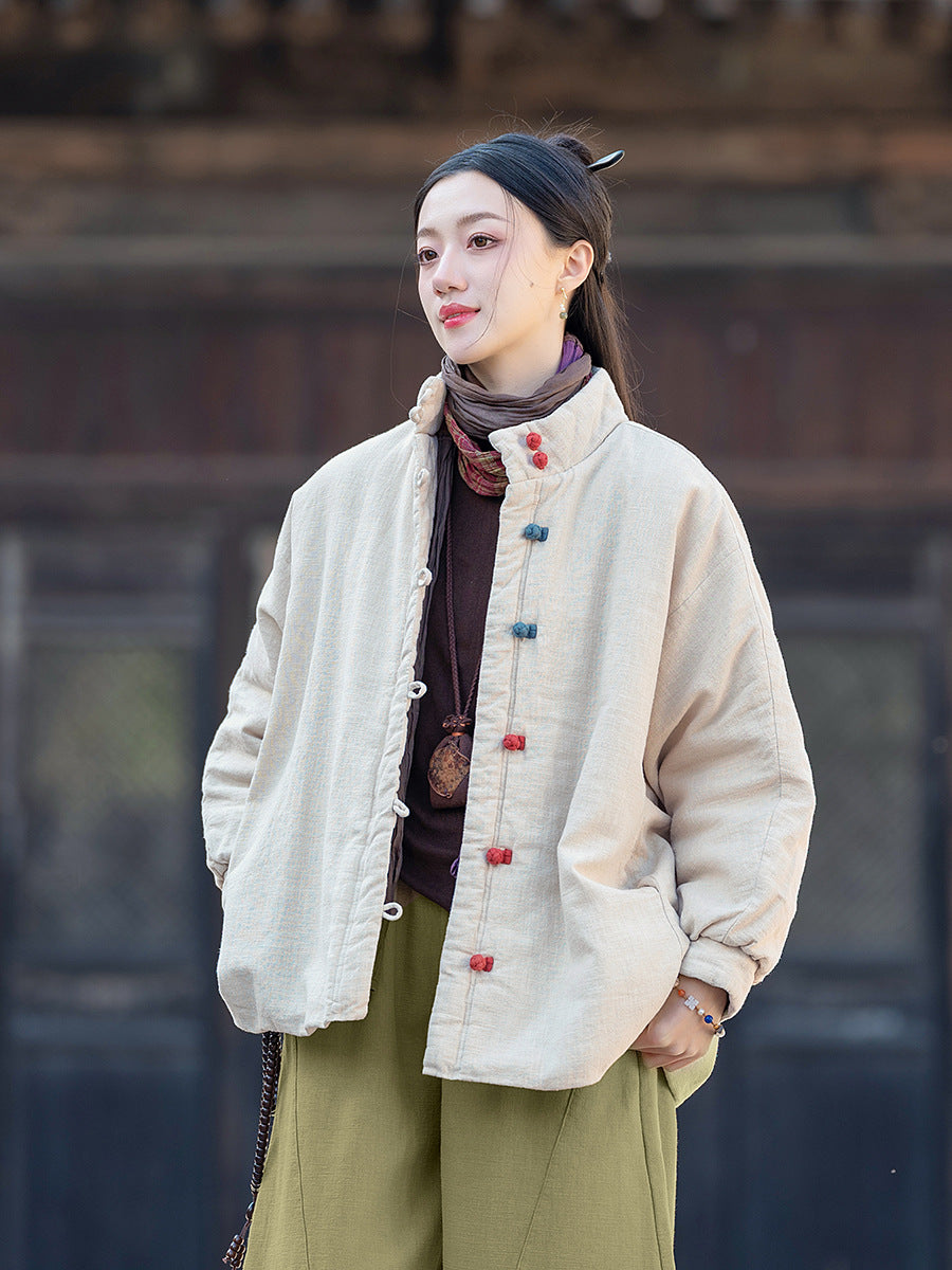 Ramie Linen Cotton Women Quilted Jacket with Pockets & Color-block Buttons in Hanfu Style, Chinese style Hanfu 251121w