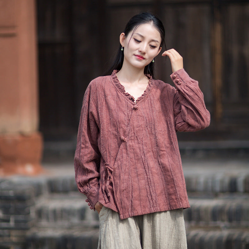 Ramie Linen Women Shirt in Hanfu Style with Ruffled Collar & Diagonal Closure 250922a