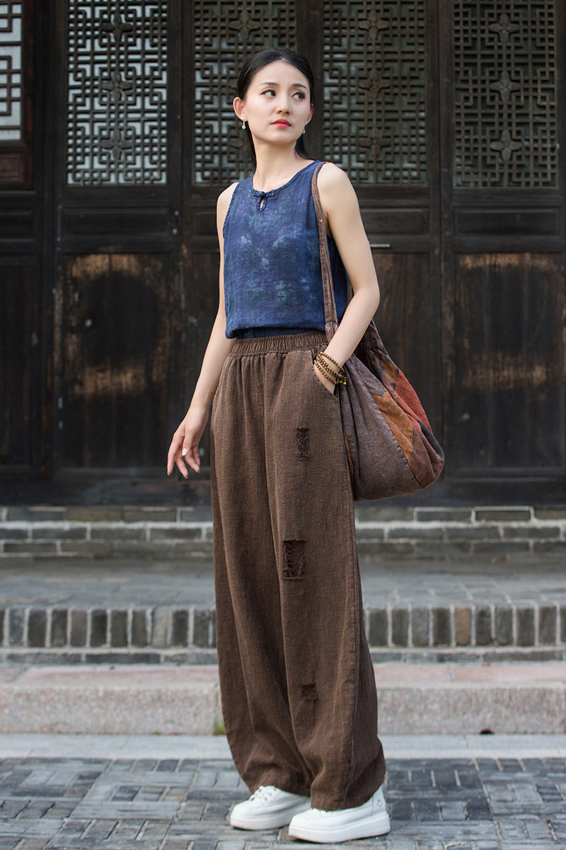 Ramie Linen Cotton Women Pants with Destroyed Look for Tai chi, Linen Wide Leg Pants 250923a