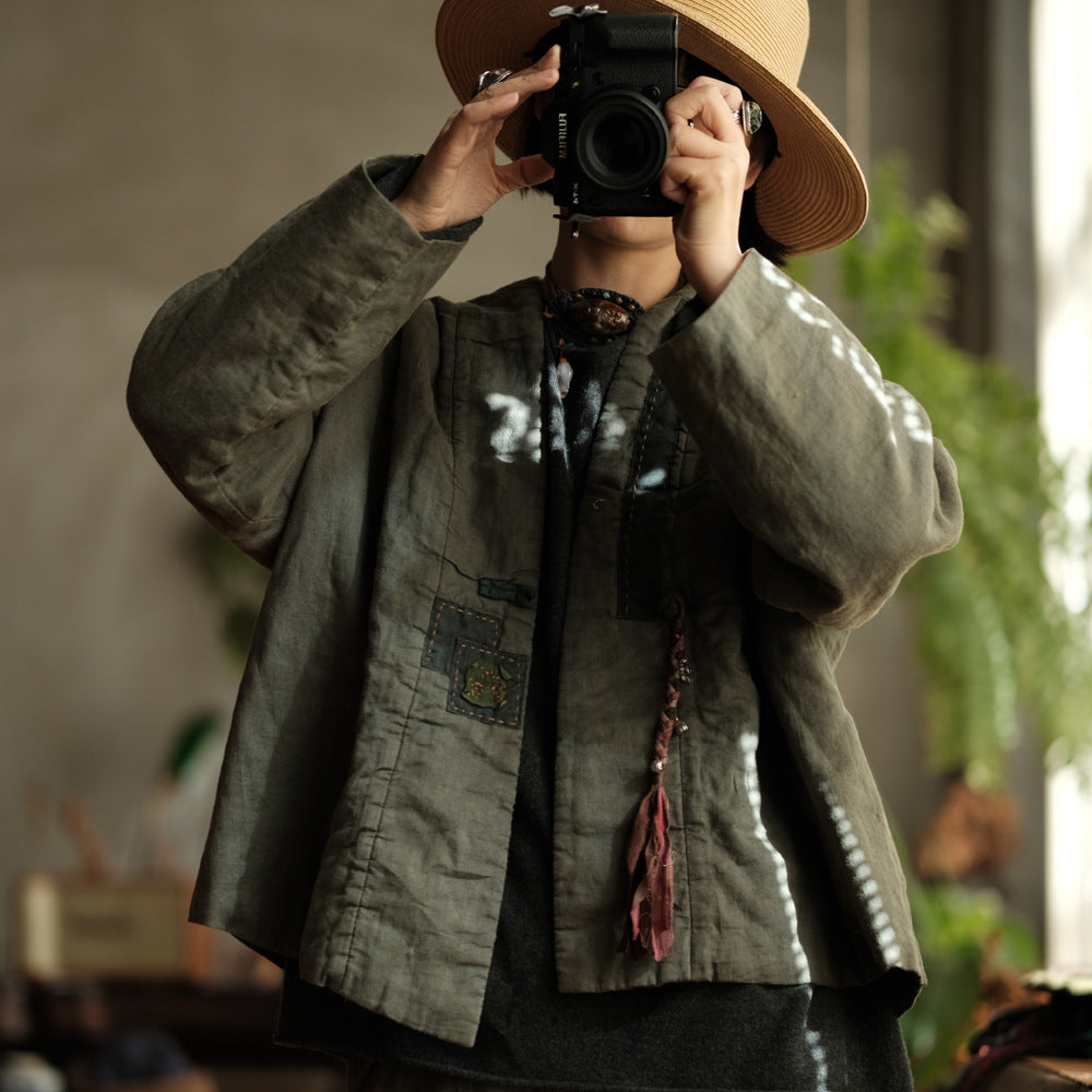 100% Linen Women Quilted Jacket with Front Tie in Hanfu Style, Chinese style Hanfu 250908a