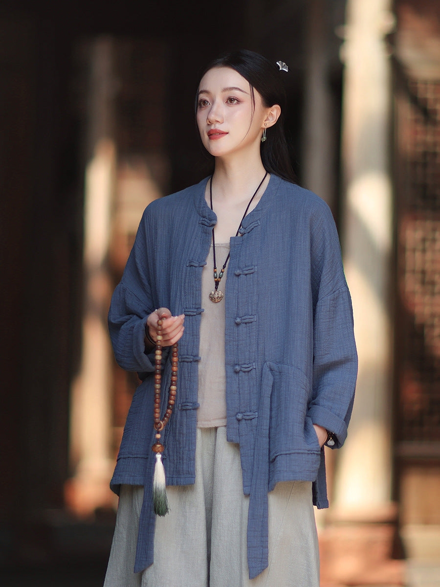 100% Cotton Women Hanfu Shirt with Chinese Traditional Buttons & Pockets 251016w