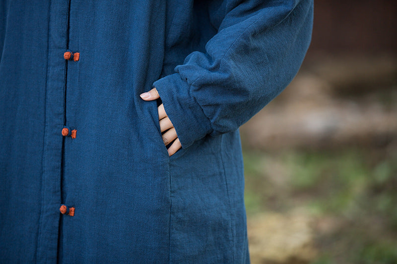 Ramie Linen Cotton Women Quilted Coat with Pockets and Color-Block Buttons in Hanfu Style, Chinese style Hanfu Jacket  251124w
