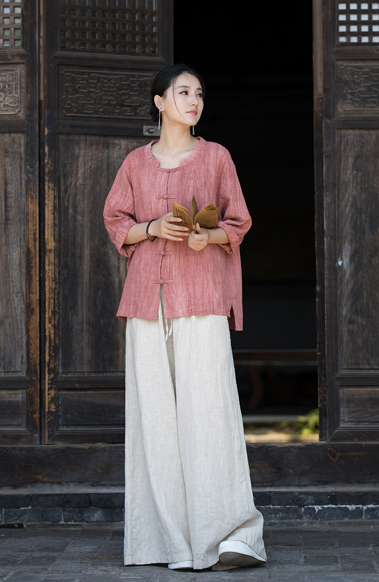 Linen Cotton Women Blouse with Traditional Buckle Button, chinese style women blouse linen liziqi, Taichi jacket, Tang suit 240720s