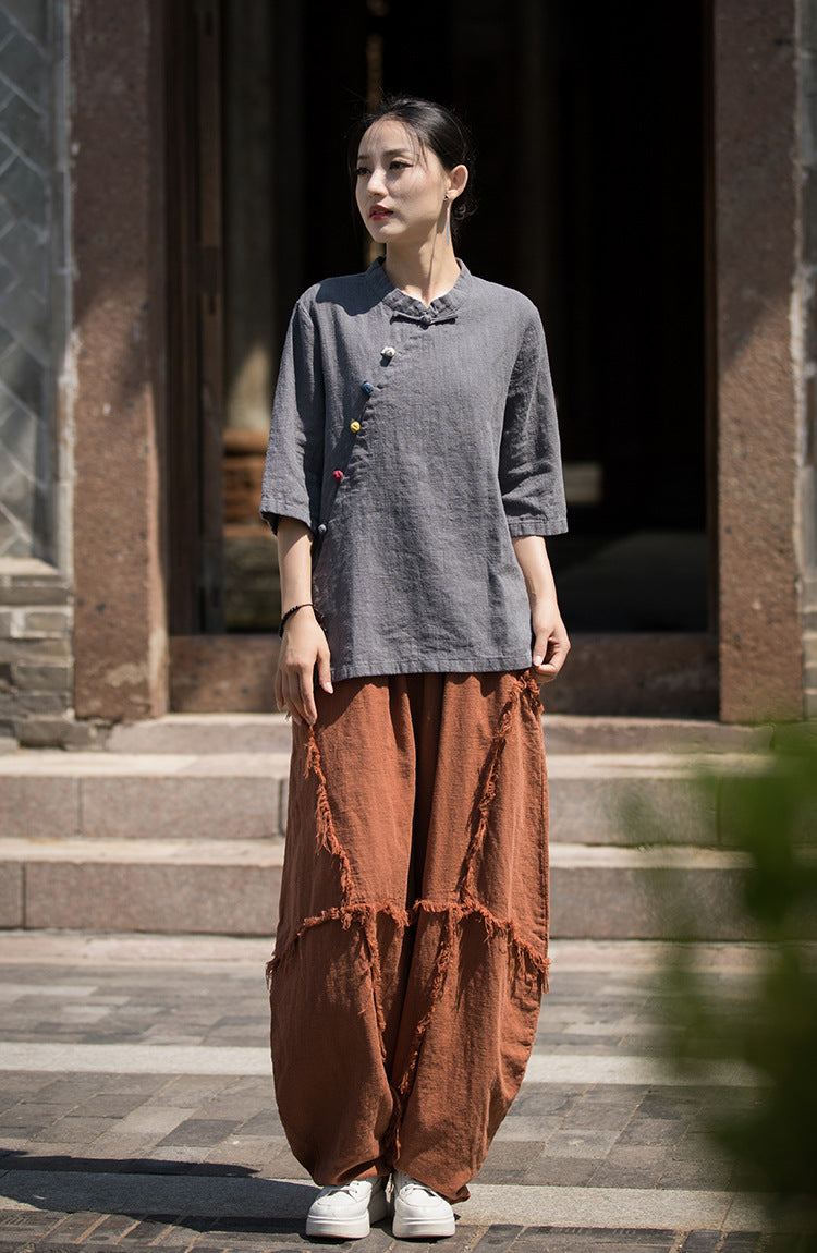 Linen Cotton Women Blouse with Handwoven Buckle Button, chinese style women blouse linen liziqi, Taichi jacket, Tang suit  240721s