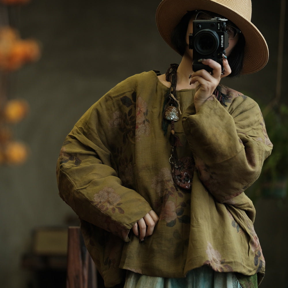 100% Cotton Women Quilted Loose Pullover with Floral Print 250911a 2147