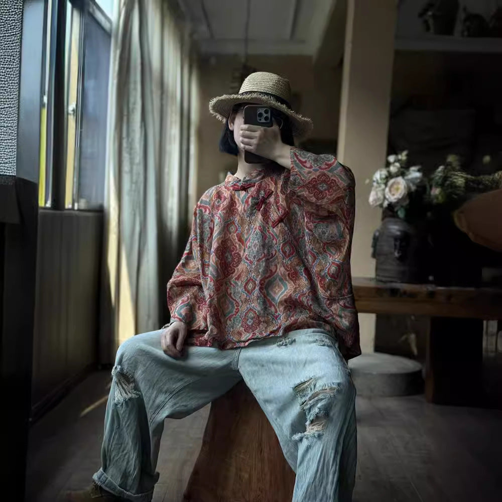 100% Linen Women Loose Blouse with Vintage Print and Long Sleeves, Linen women blouse 250319s 2173