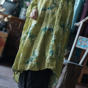 100% Linen Women Tunic Dress with Floral Print, Linen Maxi Dress for Yoga 240705s