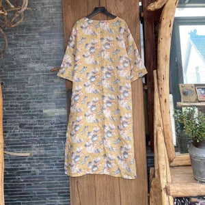 100% Linen Women Tunic Dress with Floral Print and Vintage Collar, linen Long Blouse women 240724s