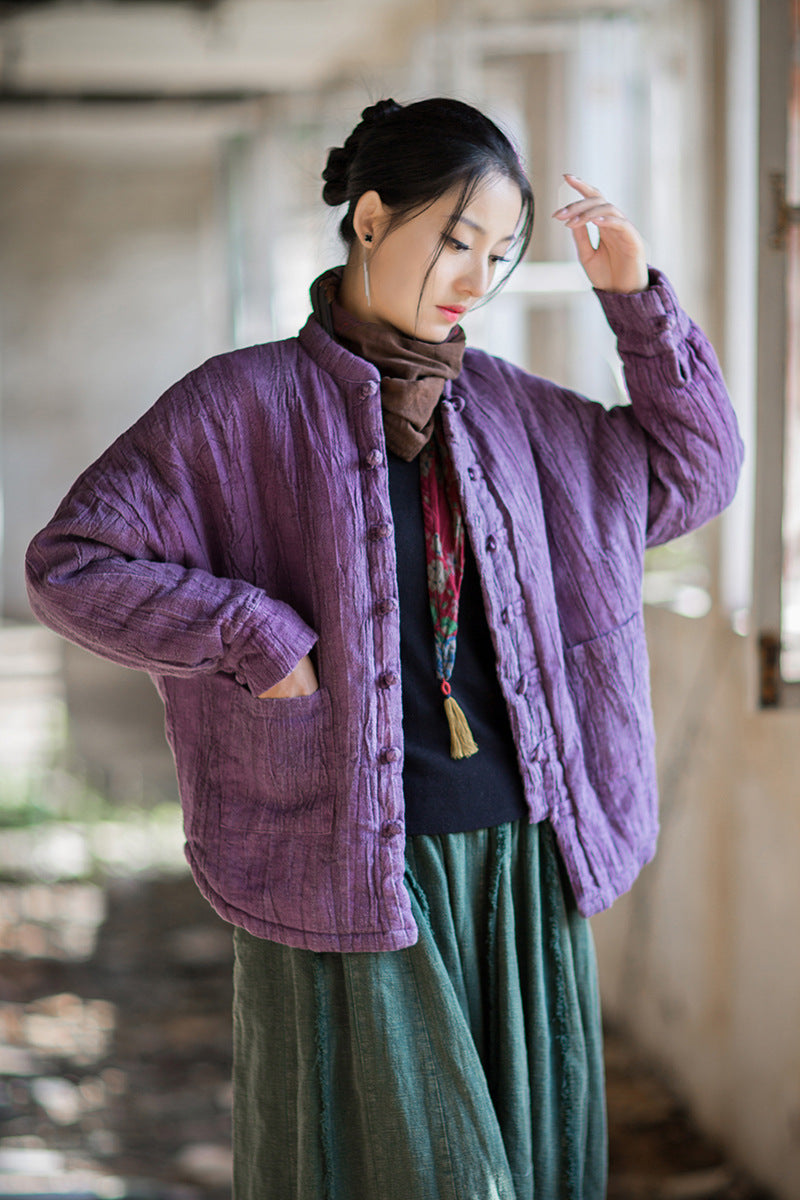 Ramie Linen Cotton Women Quilted Jacket with Pockets & Frog Buttons in Hanfu Style, Chinese style Hanfu 251109w