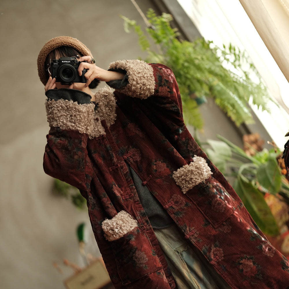 Winter Thick Cord Women Quilted Jacket with Vintage Print in Hanfu Style 250201w