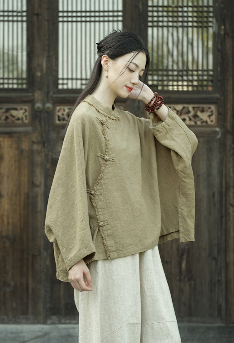 Ramie Linen Women Hanfu Shirt with Chinese Traditional Buttons and Raw Hem 250813s