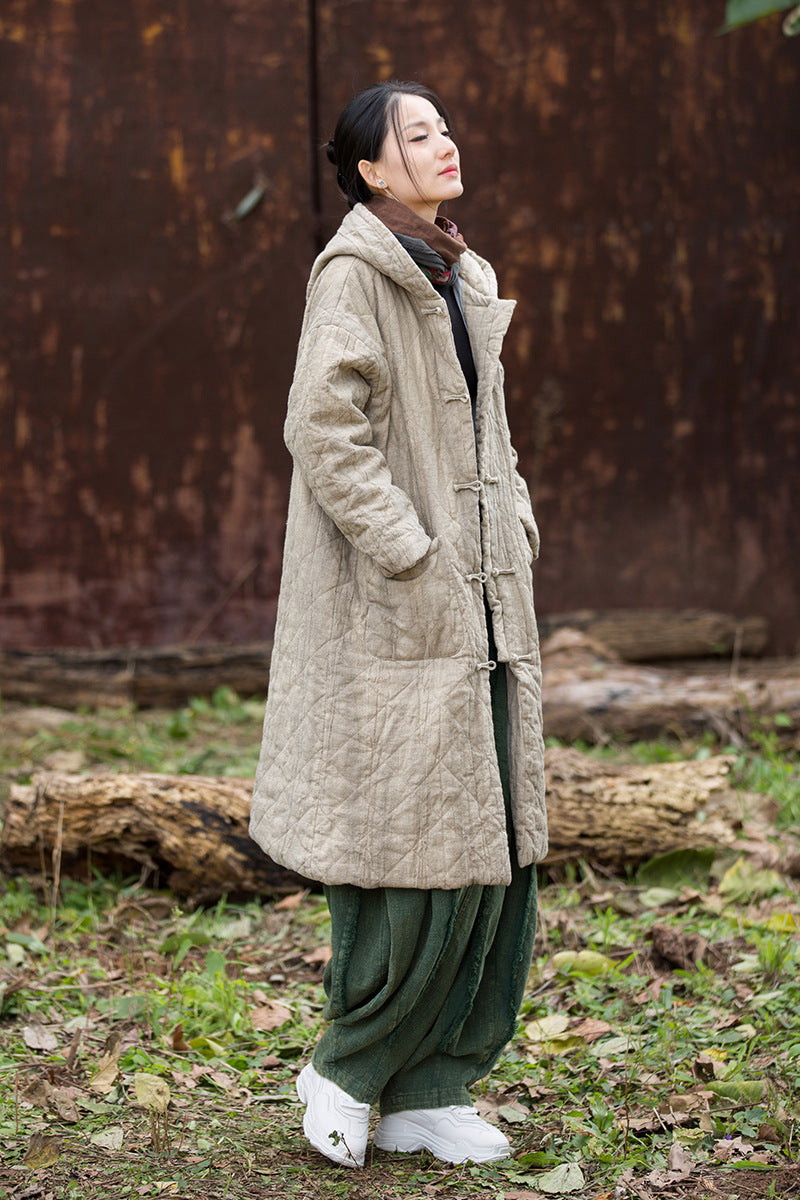 Ramie Linen Women Quilted Hoodie Jacket with Pockets & Frog Buttons in Hanfu Style, Chinese style Winter Padded Coat 251107w