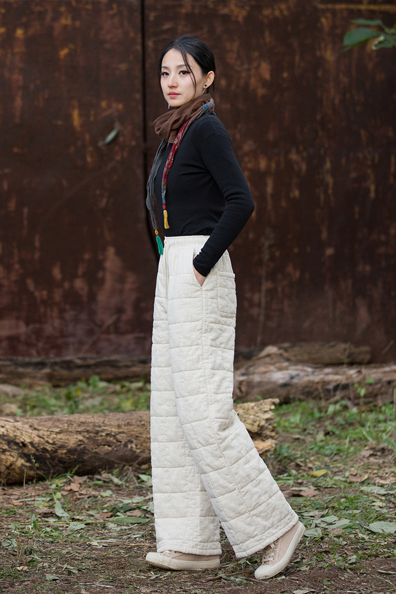 Ramie Linen Cotton Quilted Thick Pants with Pockets & Front Ties, winter women pants 251105w