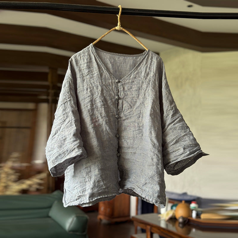 100% Linen Women Shirt with Chinese Traditional Buttons 250803s 4352